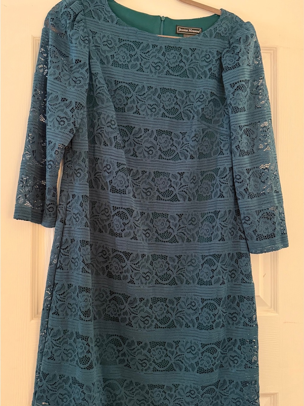 Jessica Howard Teal Lace Shift Dress with Three-Quarter Sleeves